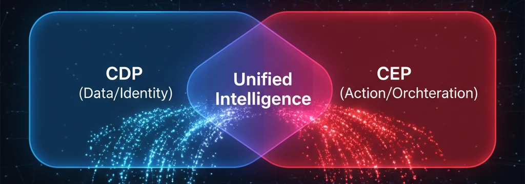 Diagram showing why CDP and CEP vendors are converging as the cost of not unifying the data and engagement layers rises