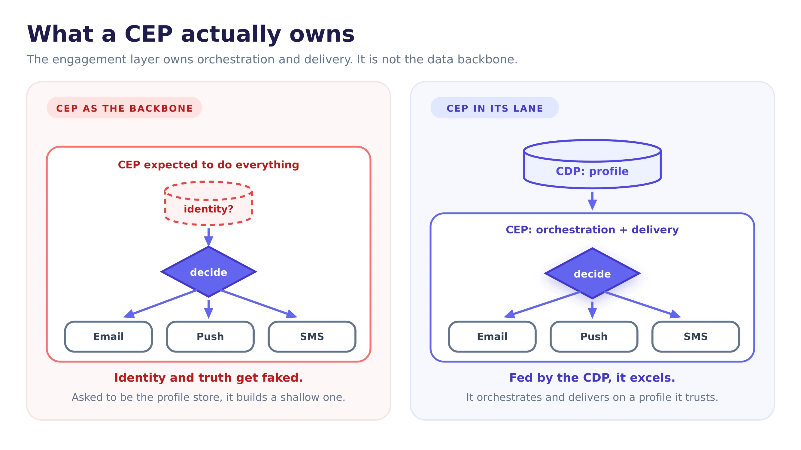 Two placements of the same CEP. On the left, the CEP is expected to be the backbone, faking identity it cannot resolve while it orchestrates channels. On the right, the CEP stays in its lane, orchestrating and delivering on top of a profile the CDP owns and feeds it.